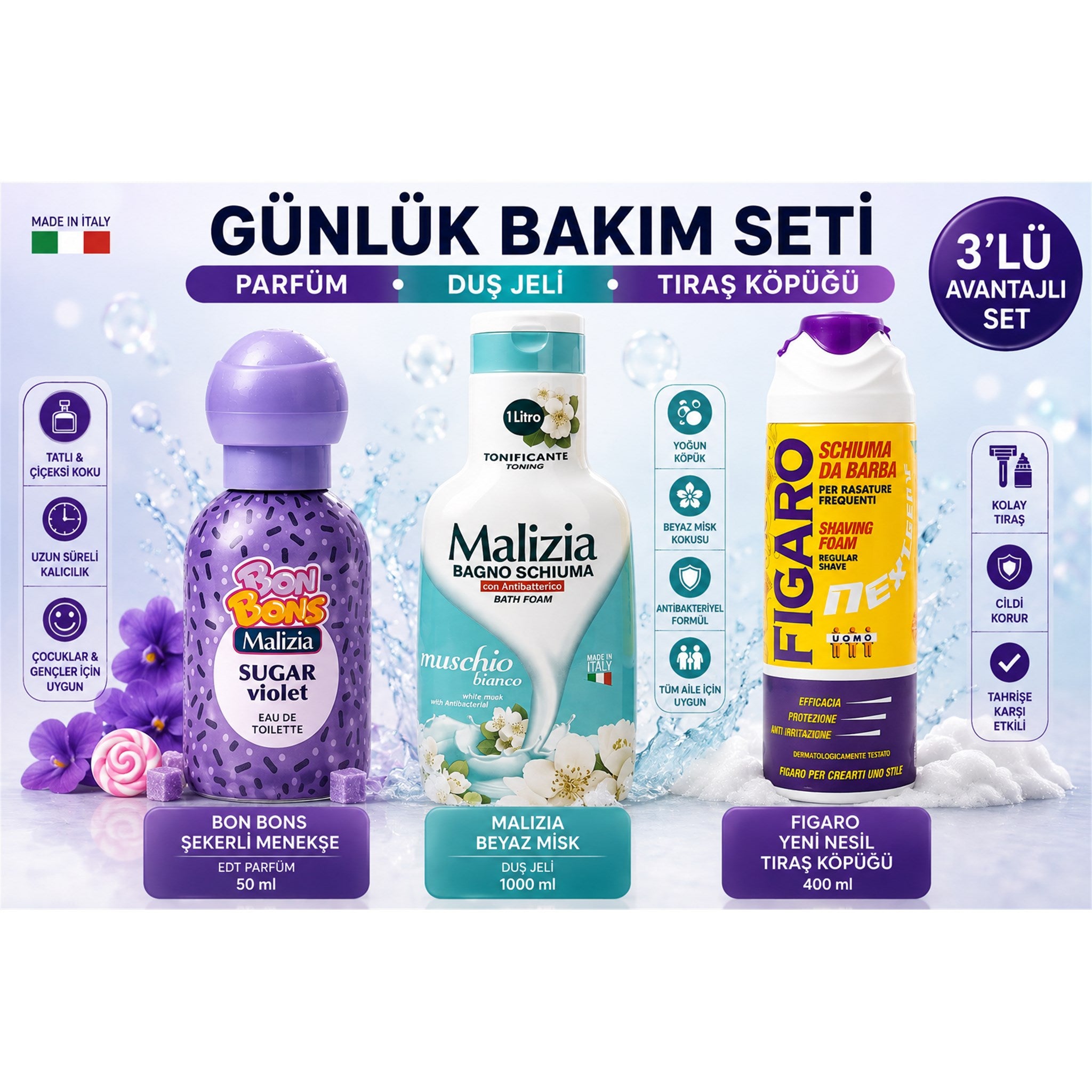 Bakım Seti (3'lü) Duş Jeli Banyo Köpüğü,Tıraş Köpüğü, ve Çocuk Parfümü